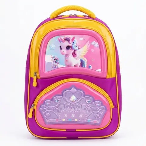 Purple unicorn print 3D school backpack front view