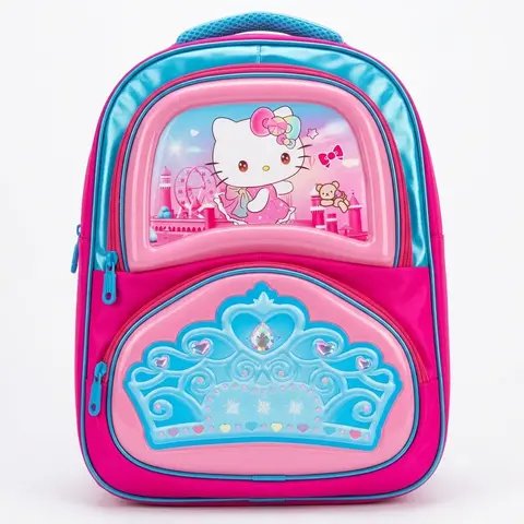 Crown-shaped front pocket detail on purple unicorn backpack