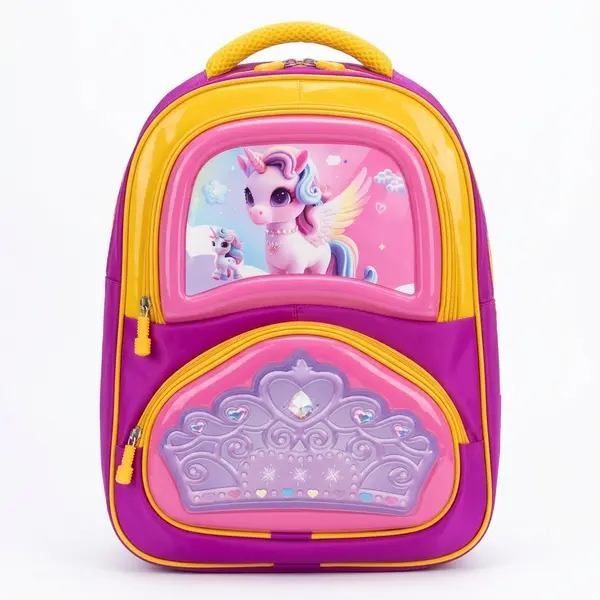 Purple unicorn print 3D school backpack front view