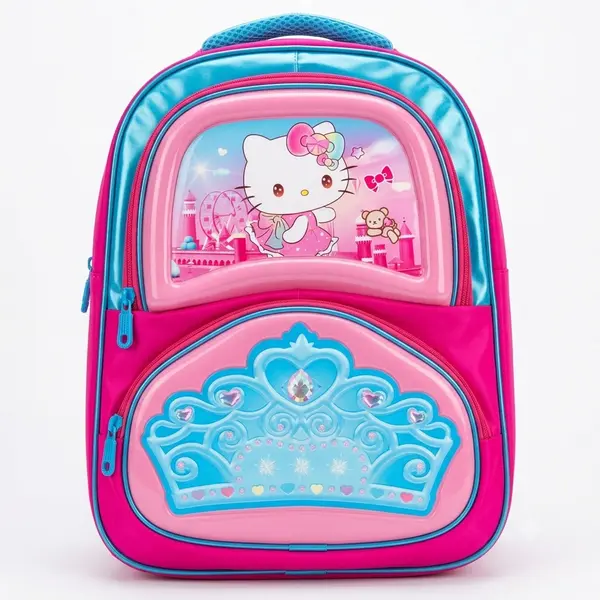 Crown-shaped front pocket detail on purple unicorn backpack