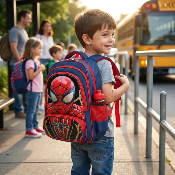 Kids superhero school bag padded shoulder straps back view