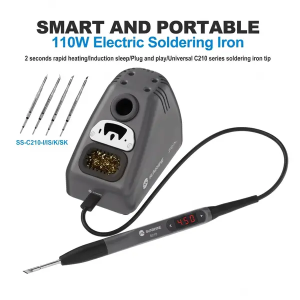 SUNSHINE S210 Pro Smart Portable Soldering Iron Station – 110W, 100-450°C Digital Temperature Control, Induction Sleep